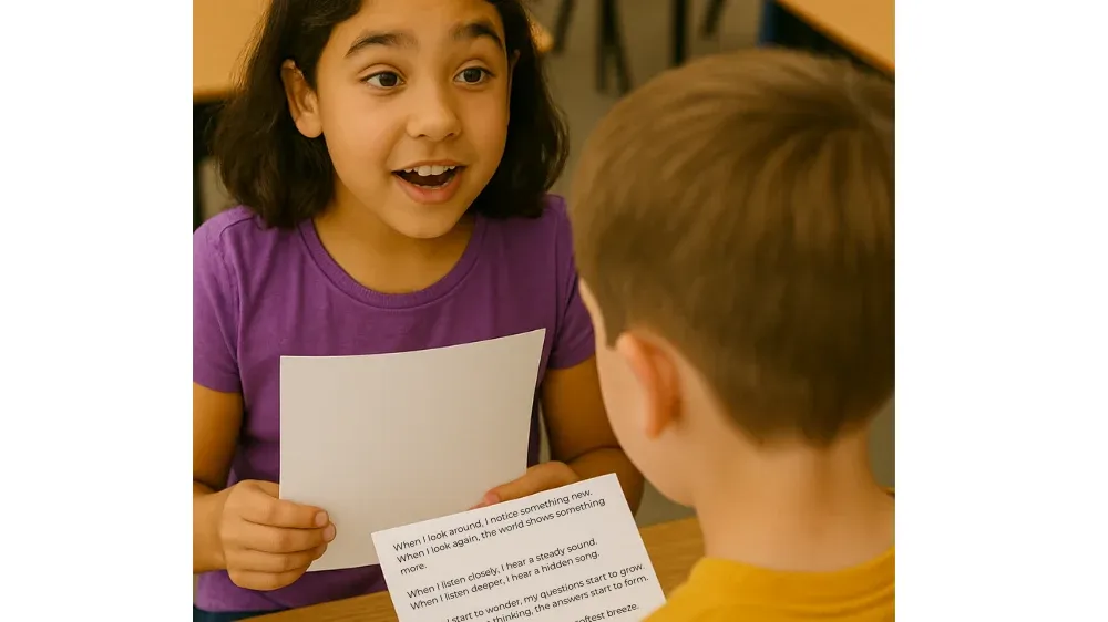 A girl reads aloud from a paper while a boy follows along with his copy. He holds a piece of paper with a patterned poem printed on it.