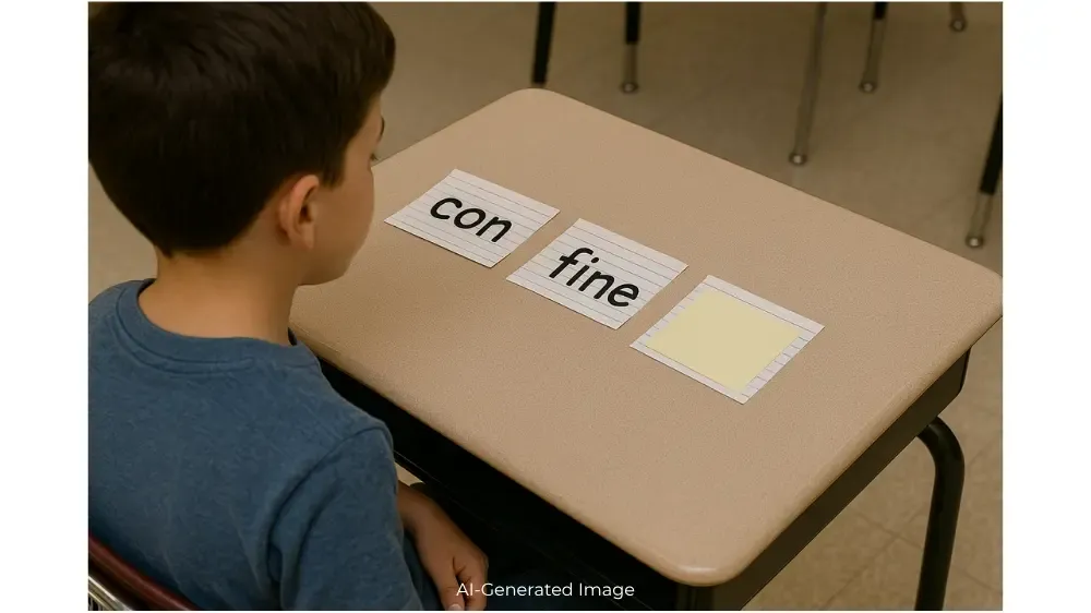 A young boy looks at three cards on a desk; two cards show the words 'con' and 'fine', the third has a sticky note covering it.