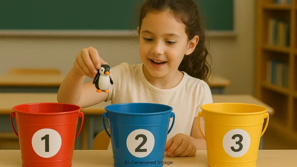 A young girl holds a small penguin figurine over three buckets labeled 1, 2, and 3.
