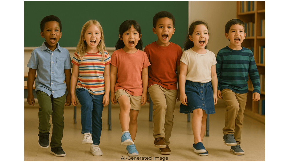 Six young children in a classroom, marching in unison with open mouths.