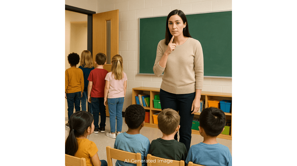 Several students are lined up to exit a classroom, while a teacher faces the remaining, seated students while pointing to her mouth as she speaks. 