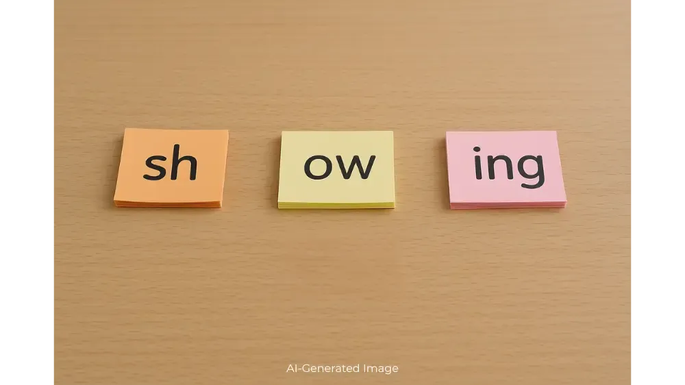 Three stacks of note cards so 'sh' at the top of an orange deck, 'ow' in yellow and 'ing' in pink.