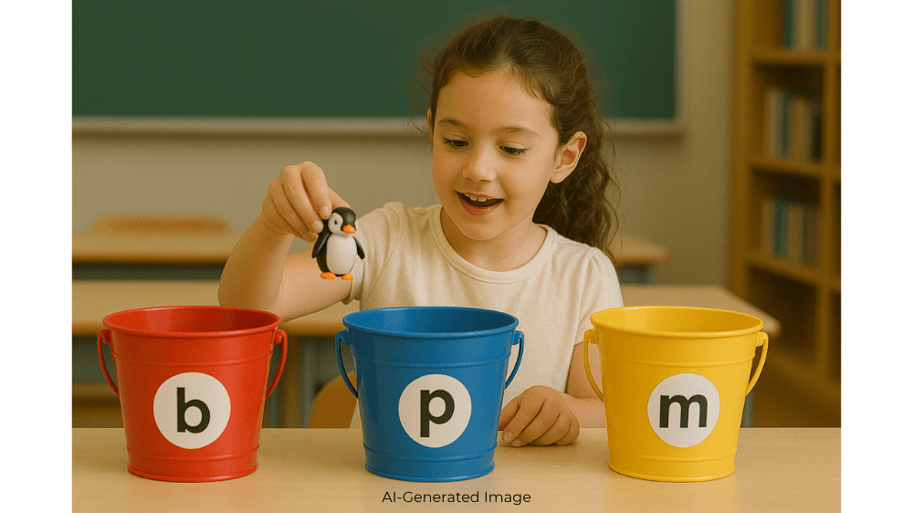 A young girl holds a penguin toy over three buckets labeled with letters b, p, and m.