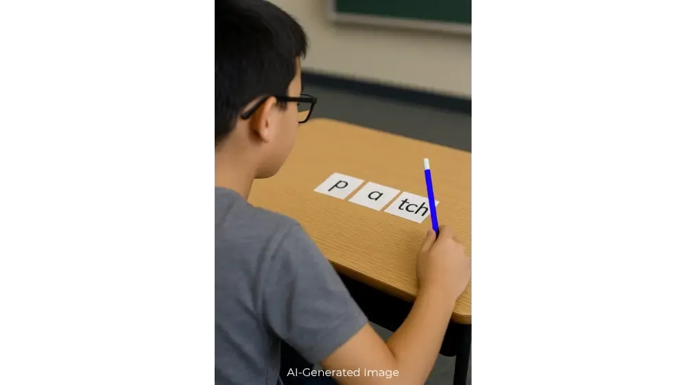 A young boy with glasses writes the word 'patch' on paper.