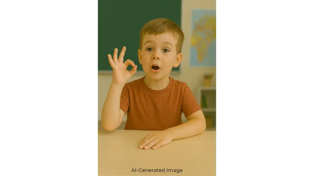 Young boy gives an okay sign with his right hand while looking at the camera.