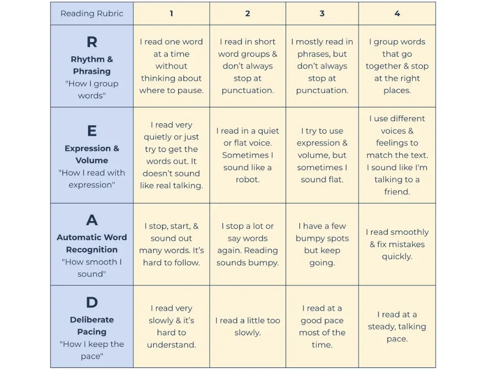 This chart outlines four key reading patterns, detailing different levels of proficiency within each category for readers.