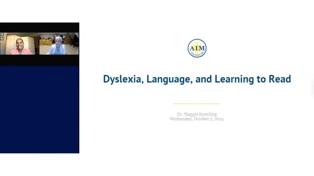 Presentation slide titled 'Dyslexia, Language, and Learning to Read' with presenter names and affiliations.