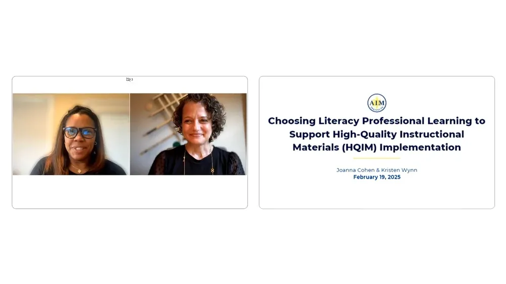 Two women smile in separate video call windows next to a presentation slide.