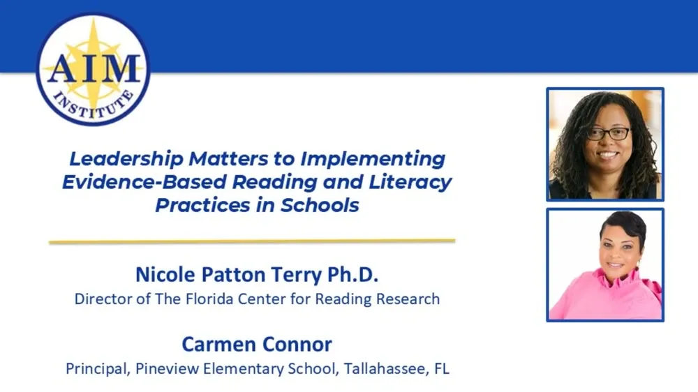 Presentation slide titled Leadership Matters to Implementing Evidence-Based Reading and Literacy Practices in Schools.