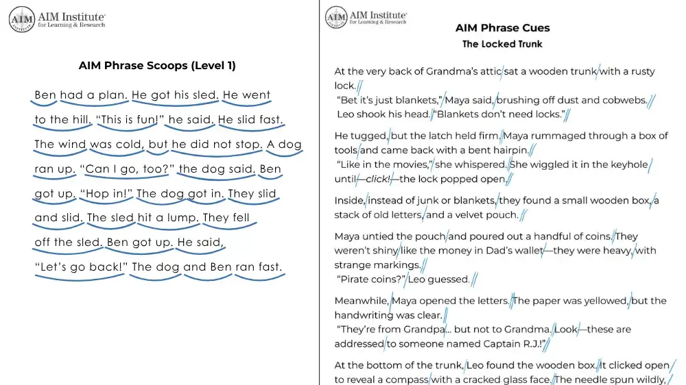 Document with two columns of text titled AIM Phrase Scoops and The Locked Trunk.