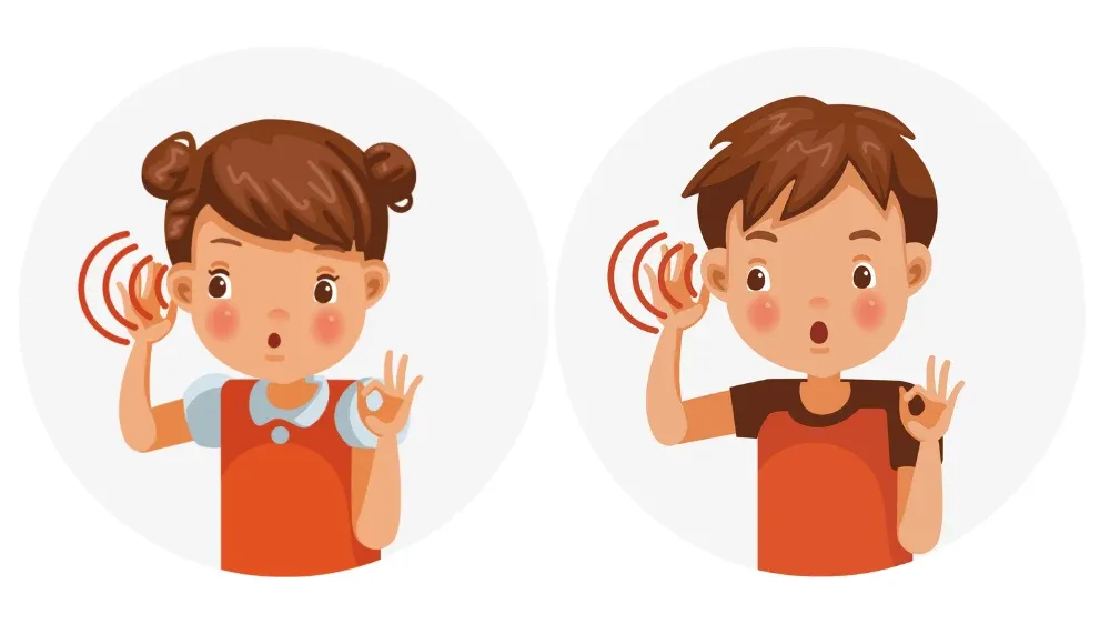 A boy and girl listen while tapping their pointer fingers to their thumbs. Their mouths are open, as if speaking.