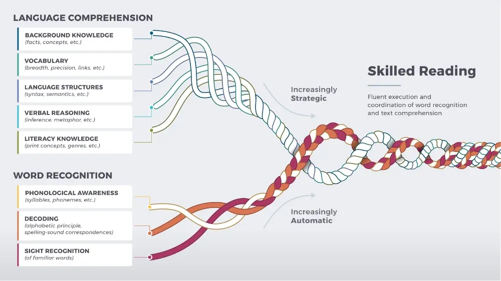 Diagram illustrating skilled reading as a rope formed by language comprehension and word recognition strands, with the decoding and sight word recognition threads highlighted. .