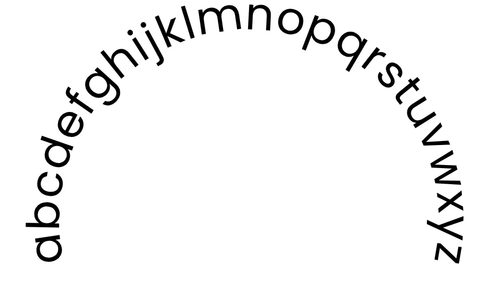 Alphabet from a to z arranged in an upward arc on a white background.