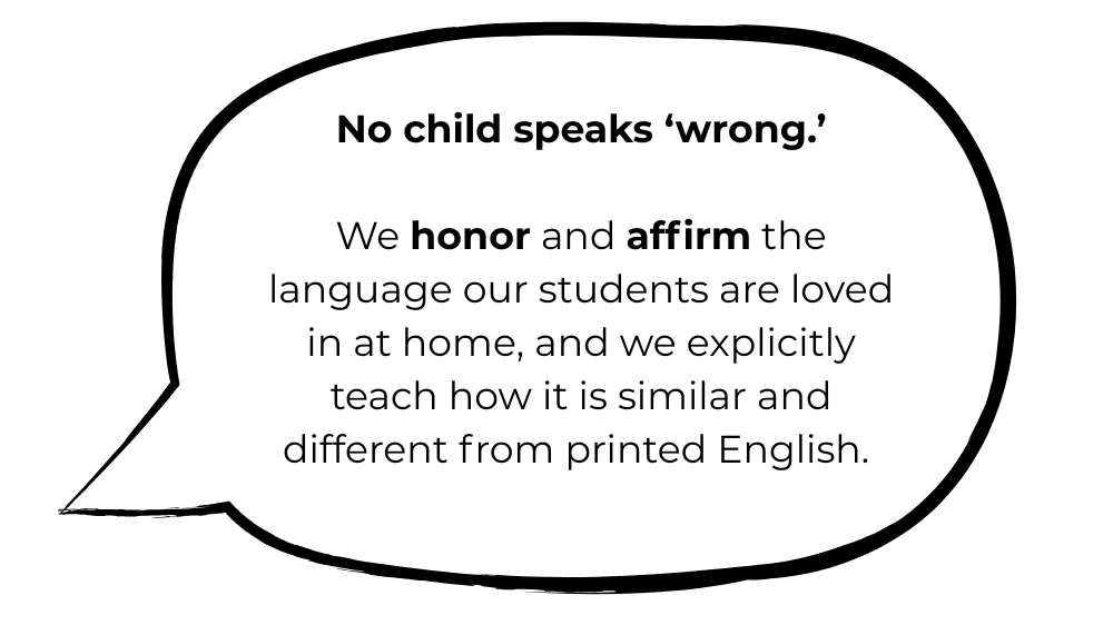 Speech bubble that states 'No child speaks wrong.'
