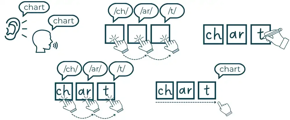 Visual demonstration of hearing the word 'chart,' tapping sound boxes as a hand segments each sound in the word, writes each grapheme in a sound box, then rereads to check the word. 