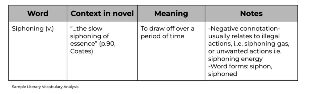 Sample literary vocabulary analysis analyzing the word