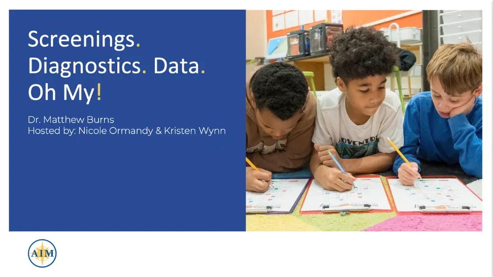 Screenings. Diagnostics. Data. Oh My! presentation slide with three students working on papers.