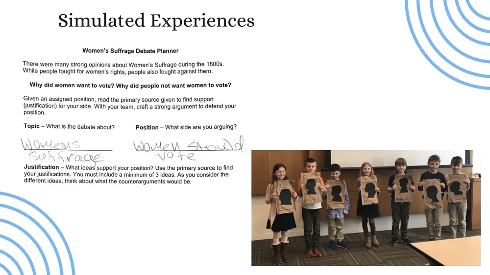 Text on the left with the heading Simulated Experiences. Photo on right of children stand in a line with a black silhouette of a woman's head.