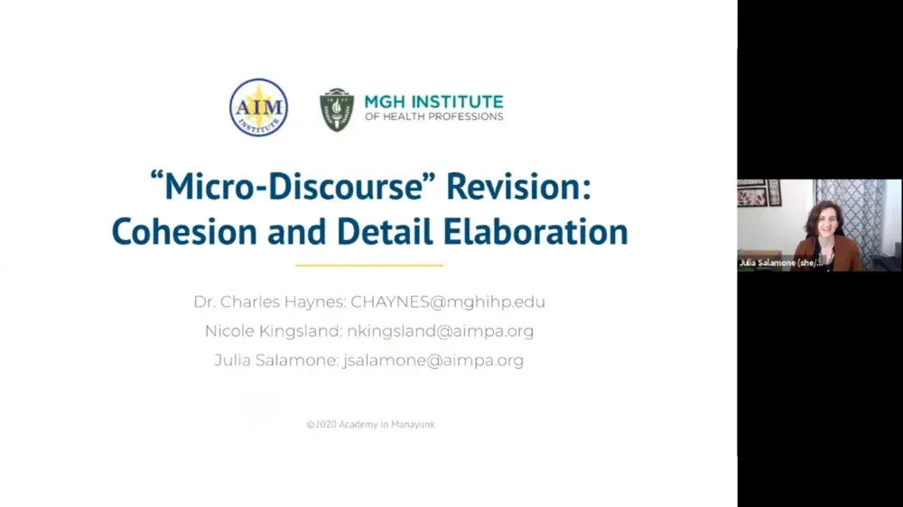 Presentation slide titled "Micro-Discourse" Revision: Cohesion and Detail Elaboration.