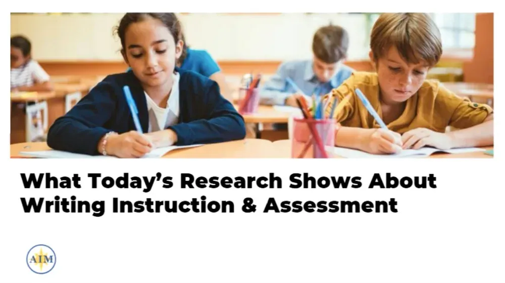 Two students diligently write in notebooks during a classroom lesson on writing instruction.