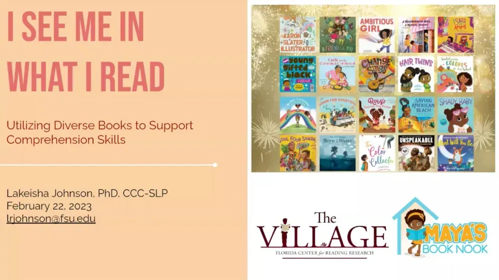 Presentation slide with title 'I SEE ME IN WHAT I READ' and diverse book covers.