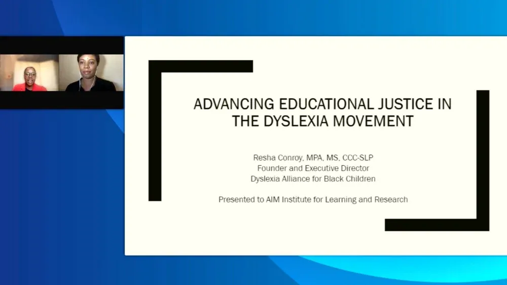 Presentation slide titled 'Advancing Educational Justice in the Dyslexia Movement' by Velma Cirino.