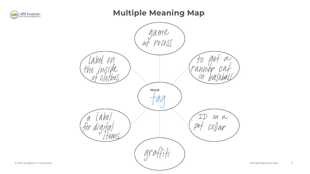 multiple meaning map with the word 'tag' in the center circle. Web of meanings in other circles branching out of center word.