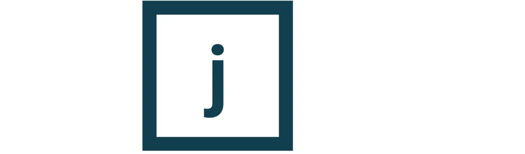 A dark teal square frame contains a single dark teal lowercase letter j with a dot above it.