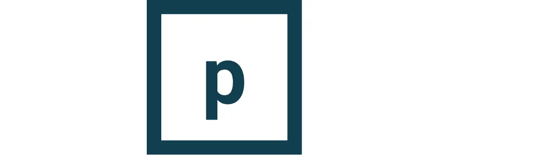 A stylized blue letter P inside a dark blue square border.